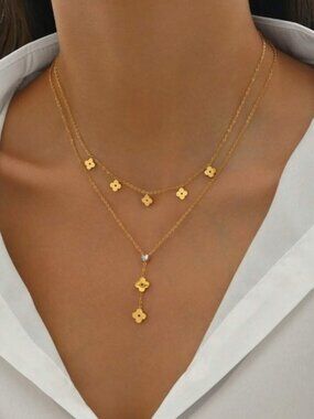 Gold Plated Stainless Steel 1pc Layered Clover Lariat Necklace